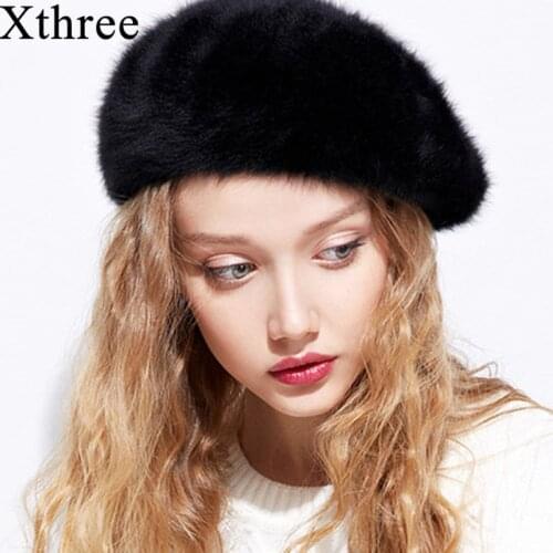 Xthree Winter Autumn womens Rabbit fur beret hat for girl knitted hat solid fashion taking the female boina