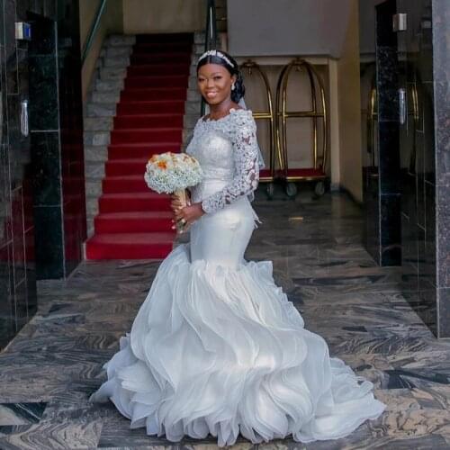 Plus Size Vestido De Novia African Ruffles Mermaid Wedding dresses Lace Long Sleeve Church Bridal Dresses Bead robe de mariee