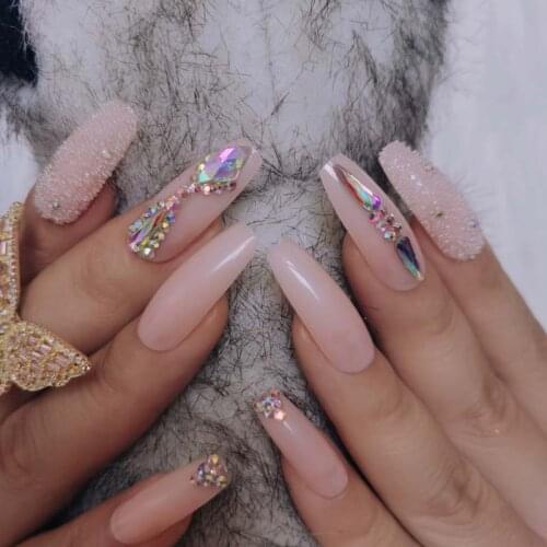 24pcs high-end fashion handmade crystal diamond long flat false nails Nude