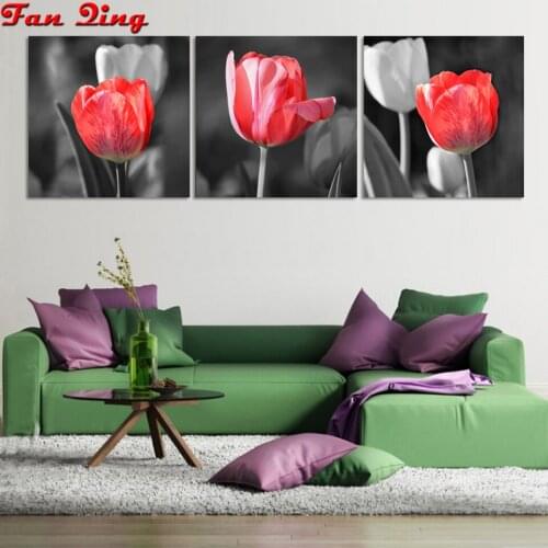 3 pieces DIY Diamond Embroidery Black and white artistic red flowers Full Square/Round Diamond Rhinestone 5D Diamond Painting