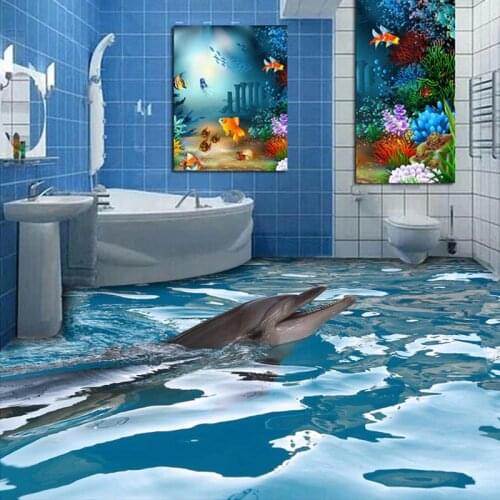 Beibehang Custom 3D Flooring Wallpaper Ocean Dolphin Bathroom Floor Painting Wear Non-slip Thickened Self-adhesive PVC Flooring