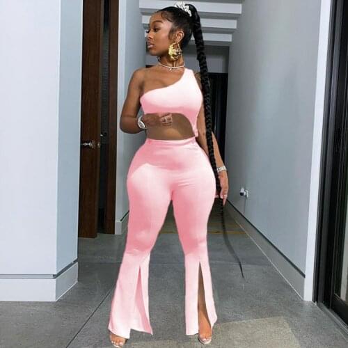 One shoulder asymmetrical two piece club outfit women sexy bandage crop top and split bell bottom pant office lady matching set