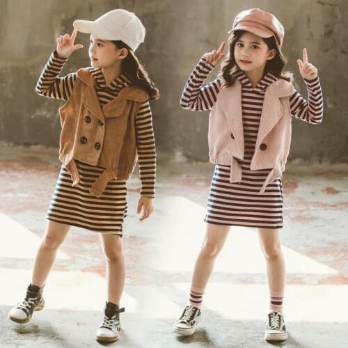 Kids Girls Clothes Sets Autumn Winter dress Pants Teenager 2 Pieces Suits Stripe Children Clothing Set 6 7 8 9 10 11 Years