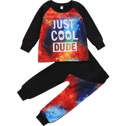 Toddler Kids Baby Boy 2Pcs Fall Outfits, Long Sleeve Letter Print Tops and Tie Dye Pants Set 1-6T