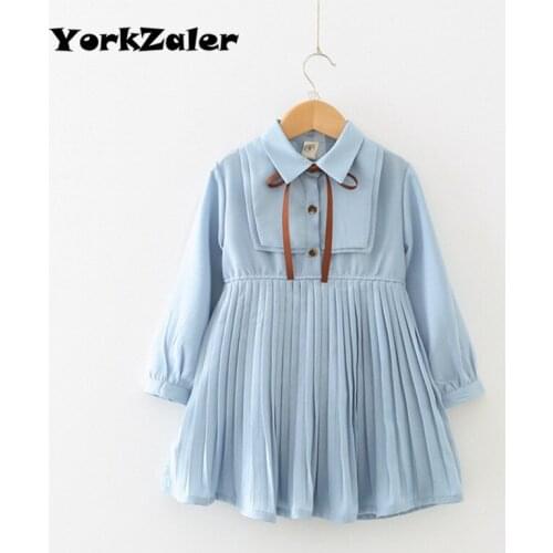 YorkZaler Girls Clothing 2019 New Spring Cotton Chiffon Lapel Tie Long sleeve Pleated College Dresses for Kids Children Clothes