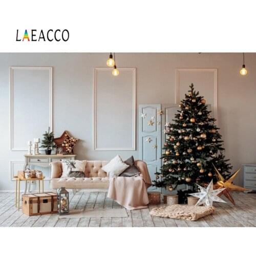 Laeacco Living Room Christmas Festivals Star Tree Gray Chic Wall Wooden Floor Party Interior Photo Background Photo Backdrops
