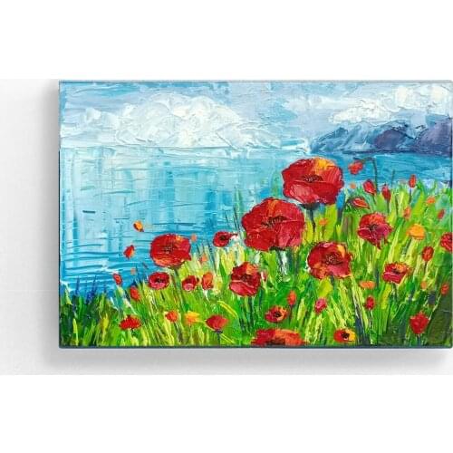 Poppy Seascape Oil Painting Impasto Original Canvas Hand Painted Coast 8x12" wall art canvas room decoration