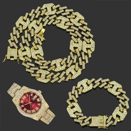 3pcs Kit Hip Hop 17MM AAA+ Iced Out Alloy Rhinestones Coffee Bean Prong Cuban Necklace+Watch+Bracelet Bling For Men Jewelry
