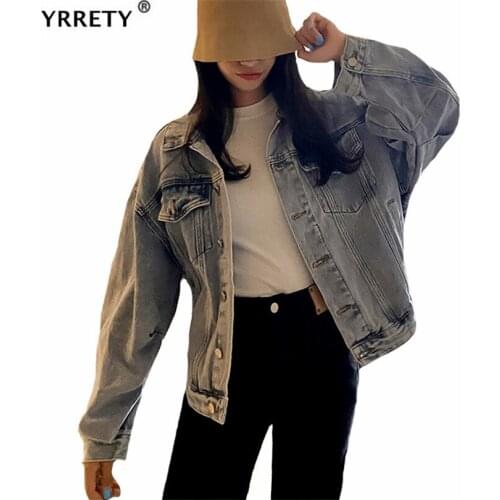 YRRETY New Denim Jacket Light Blue Bomber Short Jeans Coat Outwear Long Sleeve Turn-Down Collar Pockets Button Spring Autumn Top