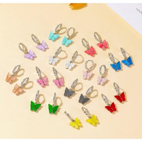 Cute Butterfly Earrings Women Silver Color Round Circle Crystal Acrylic Drop Earring Fashion Rhinestone Dangle Eardrop Jewelry