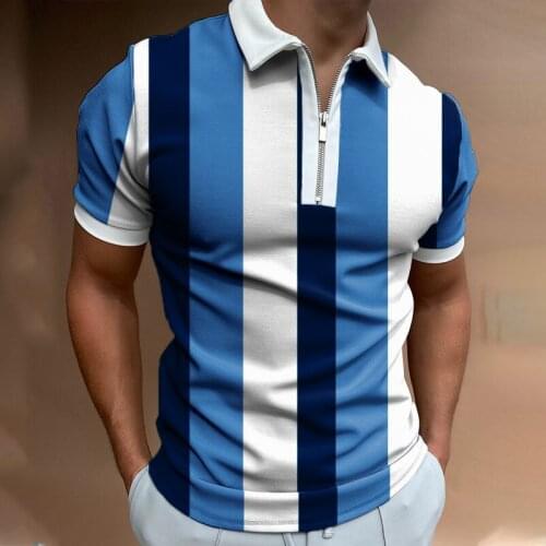 Fashion Striped Patchwork Short Sleeve Tops For Men Casual Turn-down Collar Zip-up Polo Shirts 2021 Summer Mens Slim Polo Shirt