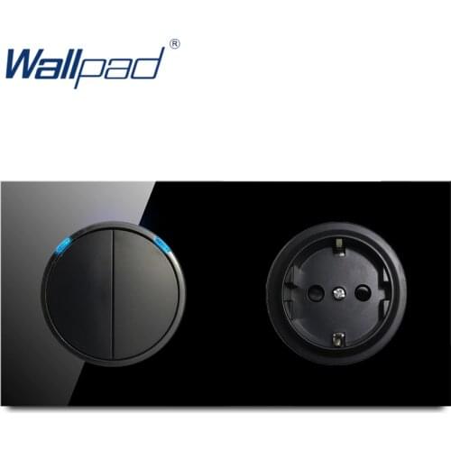 Wallpad 2 Gang 2 Way EU 16A German Socket Crystal Tempered Pure Black Glass Panel Wall Power Socket Outlet Grounded
