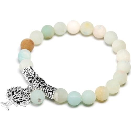 Natural Matte Amazonite Stone Lotus Buddha OM Mala Yoga Bracelet Tree Pendent Bracelet Jewelry Men Women Meditation Jewellery
