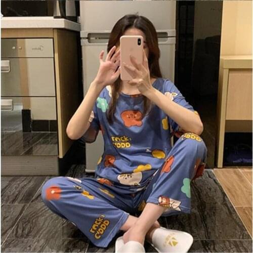 New Summer Pajamas Set For Womens Short Sleeve Pyjamas Long Pants Femme Cardigan Sleepwear Suit Korean Sweet Fresh Home Wear