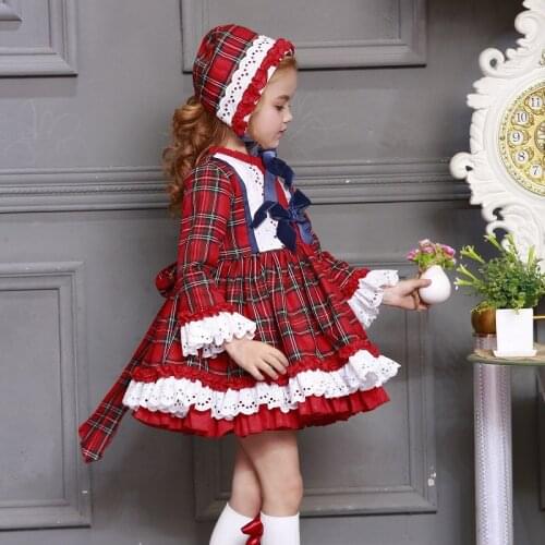Christmas Birthday Baby Girl Autumn Winter Red Plaid Vintage Spanish Pompom Ball Princess Lolita Dress with Hat Pants