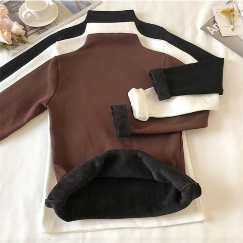 Autumn Winter Women Bottom Velvet T Shirt Slim Warm Thick Turtleneck T-Shirts Tees Female Long Sleeve Underwear Shirt Tops A1722