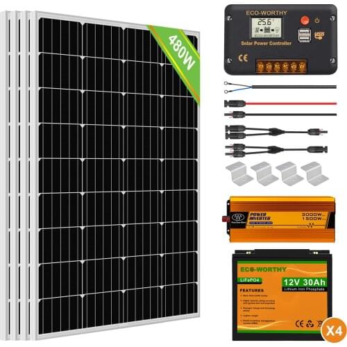 ECO-WORTHY 120W 240W 480W Solar Panel Complete Kit & Off Grid Inverter & 12V LiFePO4 Battery For Camper Van Trailer Marine