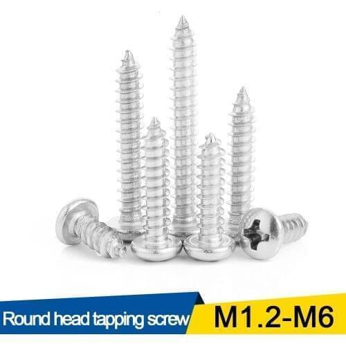 10/55pcs Cross Recessed Round Head Tapping Screw M1.2 M1.4 M1.7 M2 M2.3 M2.6 M3 M3.5 M4 M4.2 M5 M6 Stainless Steel Wood Screw