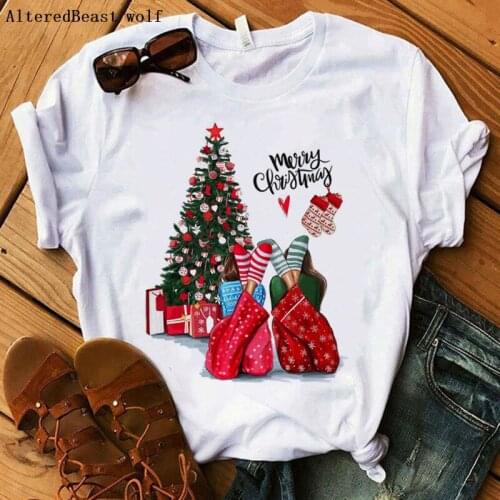 Women christmas T-Shirt clothes summer plaid gift tree print Christmas shirt Graphic Female vogue christmas tshirt white tops