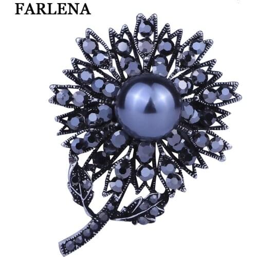 FARLENA Jewelry Black Crystal Rhinestone Flower Brooches for Women Vintage Simulated Pearl Brooch Pins