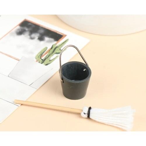 1 Set 1:12 Dollhouse Miniature Resin Kitchen Garden Mop Bucket Classic Pretend Play Furniture Cute Toys Creative Gifts Presents