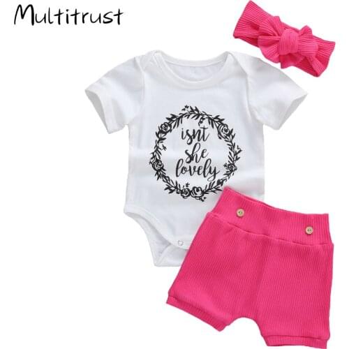Multitrust 2020 Baby Girl Summer Toddler Kids Tops Letter Romper+Printed Shorts 3Pcs Outfits Fashion Sweet Baby Clothing Set