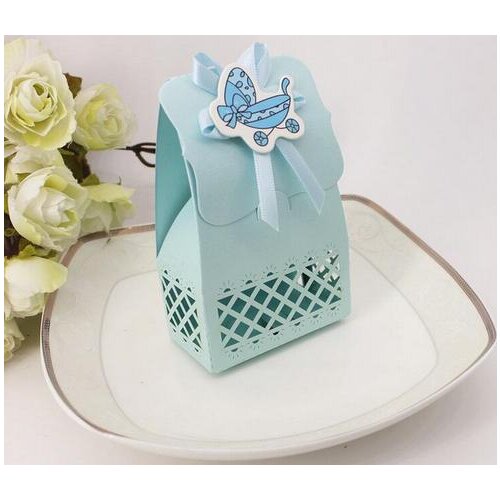 48pcs/lot Cute Blue Color Baby Candy Box Celebrate Baby Birthday Favor Cute Hollow Gift Boxes With Ribbon Card Party Supplies Pr