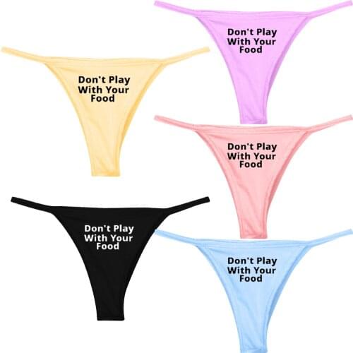 5PCS Don play with your food Letter Print Bandage Thong Sexy Womens Funny Solid Color High Waist Erotic Underwear micro bikini