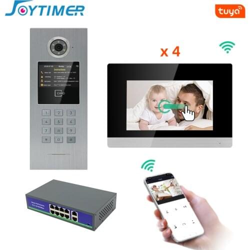 Joytimer 7Inch WiFi IP Touch Screen Condominium Video Intercom for 4Families Access Control System RFID Card/APP Remote Unlock