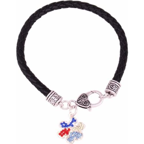 24CM leather Lobster Claw adults Bracelet Hope Multi-Colored Crystal Autism Awareness puzzle Piece Pendant Bracelets