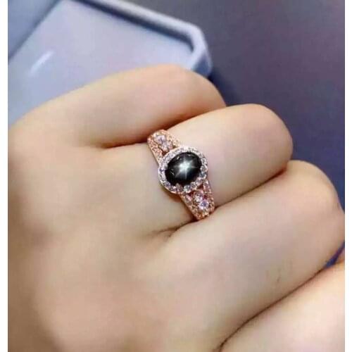 Natural Starlight sapphire gem Ring Natural gemstone ring S925 sterling silver trendy Elegant round Hollow women girl Jewelry