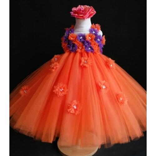 Purple Flower Kids Girls Party Tutu Dresses 1-14 Year Orange Flower Girls Wedding Dresses Baby Girls Clothes Party Outfits