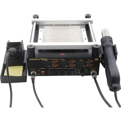 New Gordak 863 3 in 1 Digita Hot Air Heat Gun BGA Rework Solder Station+Electric Soldering iron + IR Infrared Preheating Station