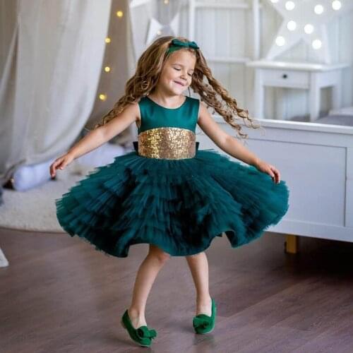 Cute Baby Girls Birthday Party Gowns Tiered Ruffles Sequined Bow Infant Girls Celebration Gown Kids Clothes