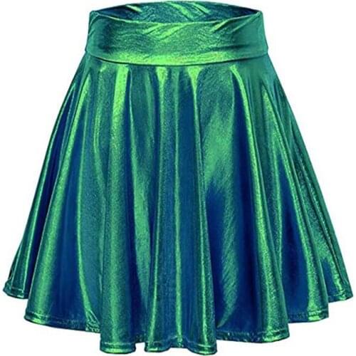 Punk Rock Girl Cheerleading Mini Skirt PVC Super Short Pleated Lotus Leaf Skirt Style PU Faux Leather Laser Mini Short A-LINE