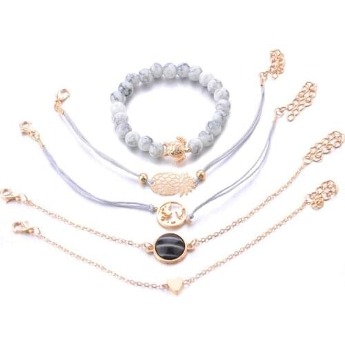 Miss JQ 5 Pcs/Set Bohemian Map Sea Turtle Bracelets Set For Women Girl Link Pineapple Bracelet & Bangles Charm Female Jewelry