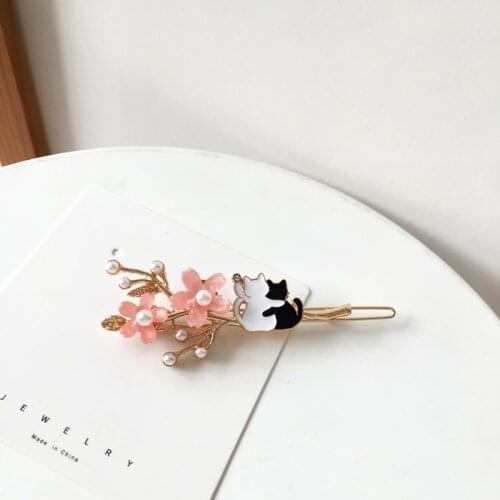 New antique Hanfu hair accessories beautiful pink flower cat enamel hairpin cute kitten pearl girl hairpin