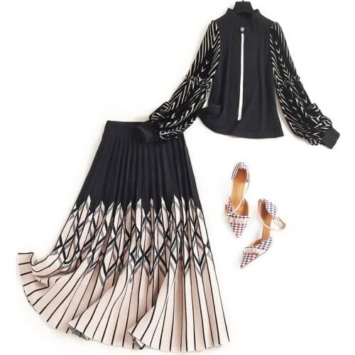 2020 autumn winter women elegant knitted pleated skirt set designer two piece set patchwork velvet lantern sleeve sweater black