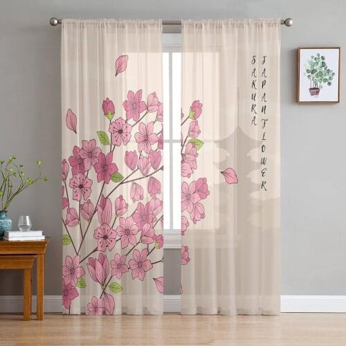 Cherry Blossom Flower Tower Japanese Voile Tulle Sheer Curtains for Bedroom Living Room Kitchen Decor Chiffon Windows Curtain