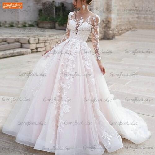 Long Sleeves Princess Wedding Dresses 2021 Vestido De Noiva Lace Appliques Tulle Fluffy Abito Da Sposa Custom Made Bride Gowns