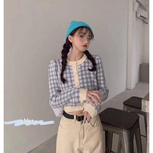 Sweater women 2021 new loose short plaid sweater coat foreign style long sleeve round neck single breasted knit top casual