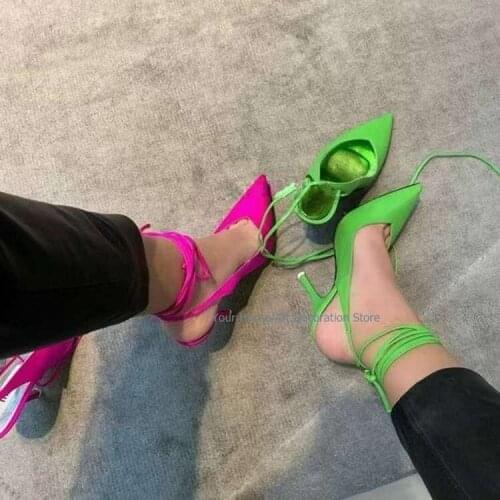 2021 Woman Sexy Thin High Heel Sandal Pumps Ankle Lace Up Candy Color Pointed Toe Female Summer Shoes