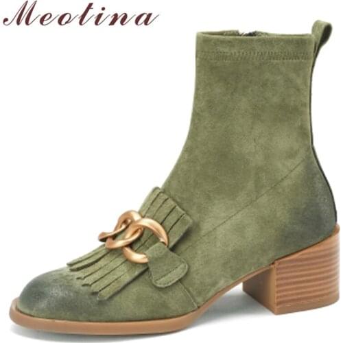Meotina Pig Suede Ankle Boots Shoes Women High Thick Heel Boot Chain Round Toe Ladies Short Zipper Boots Autumn Winter Green 39