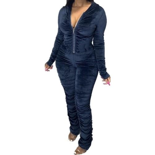 Solid Color Velvet Jumpsuits Women Zipper Sexy V Neck Skinny Rompers Autumn Winter Fashion New Streetwear Draped Female Jumpsuit