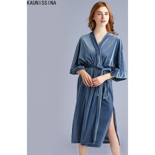 Womens Autumn Winter Robe Long Dressing Gown Kimono Bathrobes Pleuche Hotel Spa Bathroom Mid-Calf Elegant Bath Robes