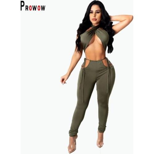 Prowow Sexy Party Night Club Outfits Bandage Corset Tops Pant Two Piece Women Matching Suits 2021 New Summer Green Female Set