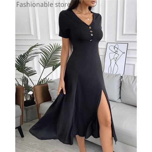 Women Elegant Solid Color Short Sleeve High Slit Midi Dress