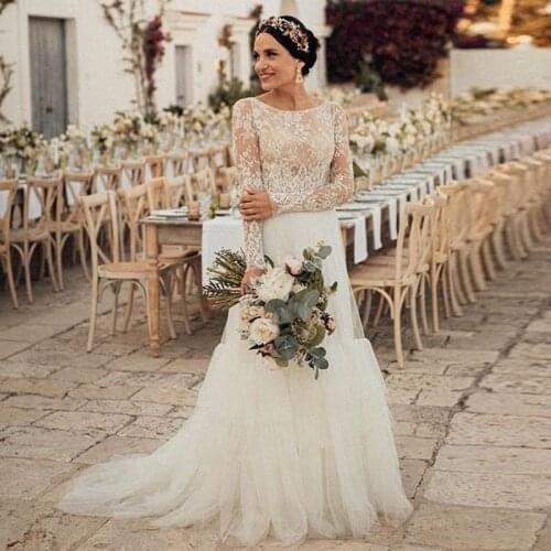 Country Style Wedding Dress Lace Top Illusion Long Sleeves Tiered Tulle Skirt Boho Bridal Gown