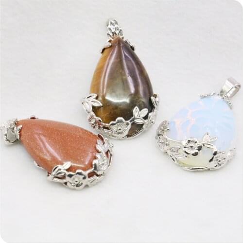 25X34mm Water Drop Goldsand Tigers Eye Moonstone Pendant Flower Edge Women Ornaments Alloy Jewelry Making Design Mothers Gifts