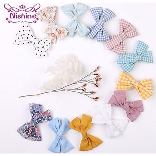 Nishine 3/4 Pcs/Lot Fashion Plaids Print Bowknot Baby Hair Clips Colorful Flowers Pattern Bows Hairpin Kids Headwear Photo Props